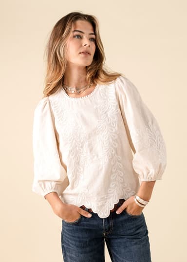 OPHELIA Brodert asymmetrisk bluse - Beige 1 - Indiska