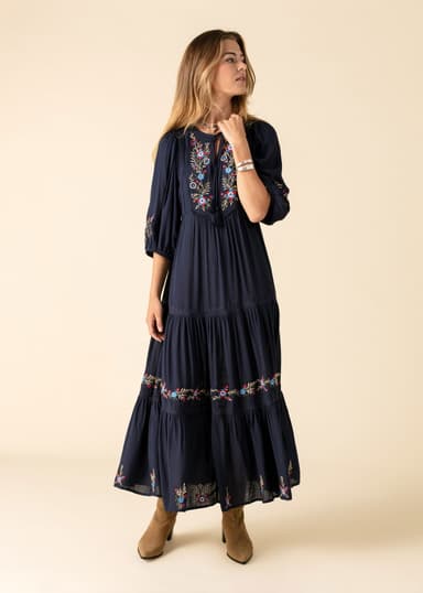 JULIETTE Blå broderad maxiklänning - Blå 1 - Indiska