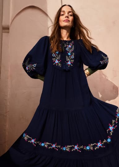 JULIETTE Blå broderad maxiklänning - Blå 1 - Indiska