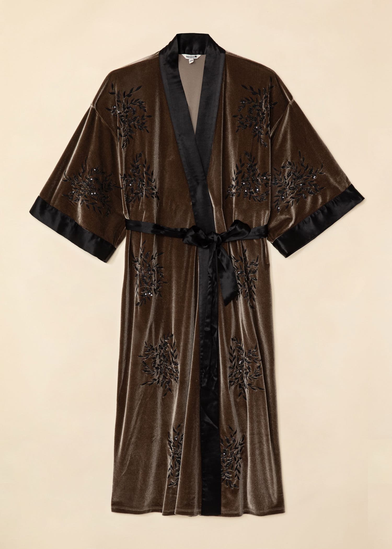 ANITA Pitkä kirjailtu samettikimono - Harmaa 5 - Indiska