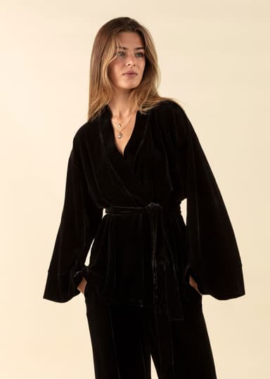 TARA Velourkimono med knyting - Svart 3 - Indiska