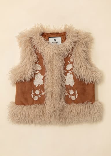 GILLIAN Brodeerattu liivi pörröisillä reunoilla - Ruskea 5 - Indiska