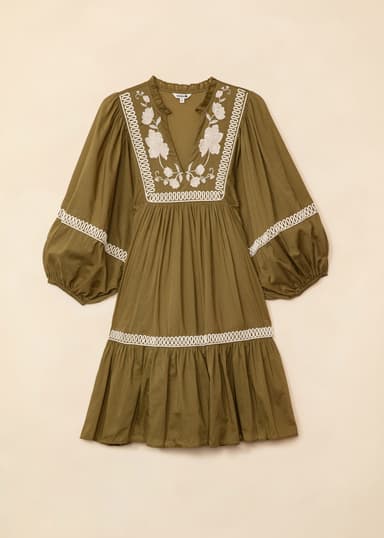 CORNELIA Broderad tunika med puffärm - Grön 5 - Indiska