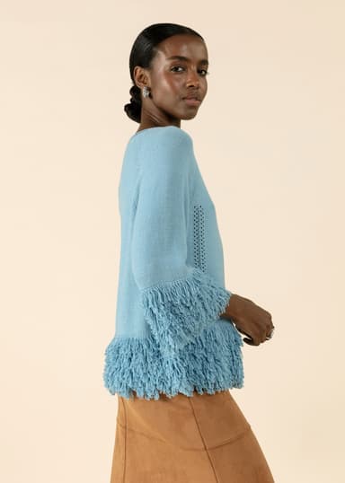 ALMA Stickad tröja med fransar - Blå 2 - Indiska