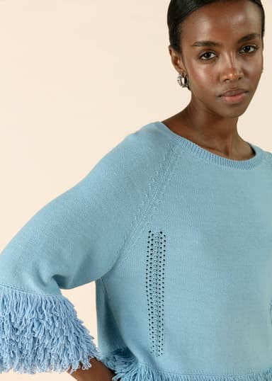 ALMA Stickad tröja med fransar - Blå 4 - Indiska