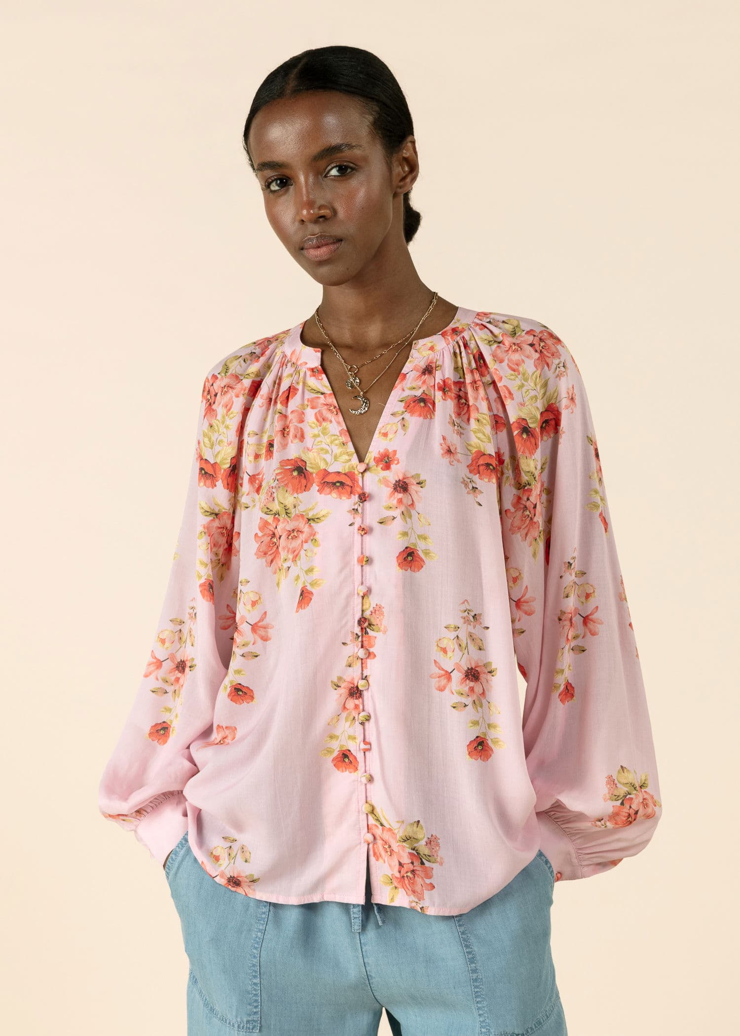 CORALIE Mønstret langermet bluse - Rosa 2 - Indiska