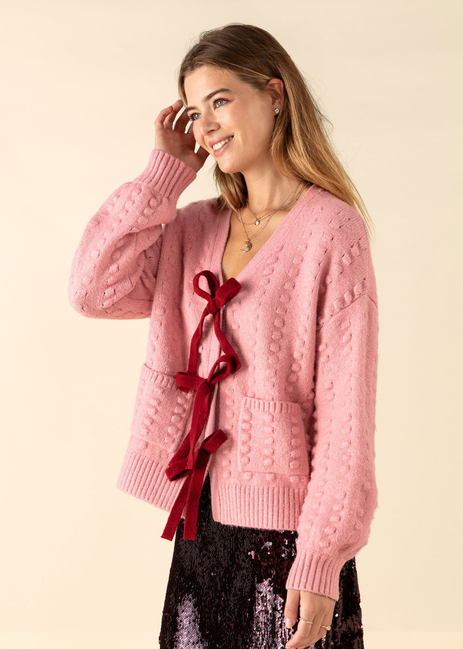 CHERYL Rosa cardigan med sløyfer - Rosa 3 - Indiska