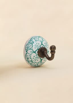 CERAMIC HOOK W. FLORAL OUTLINE - TURQUOISE
