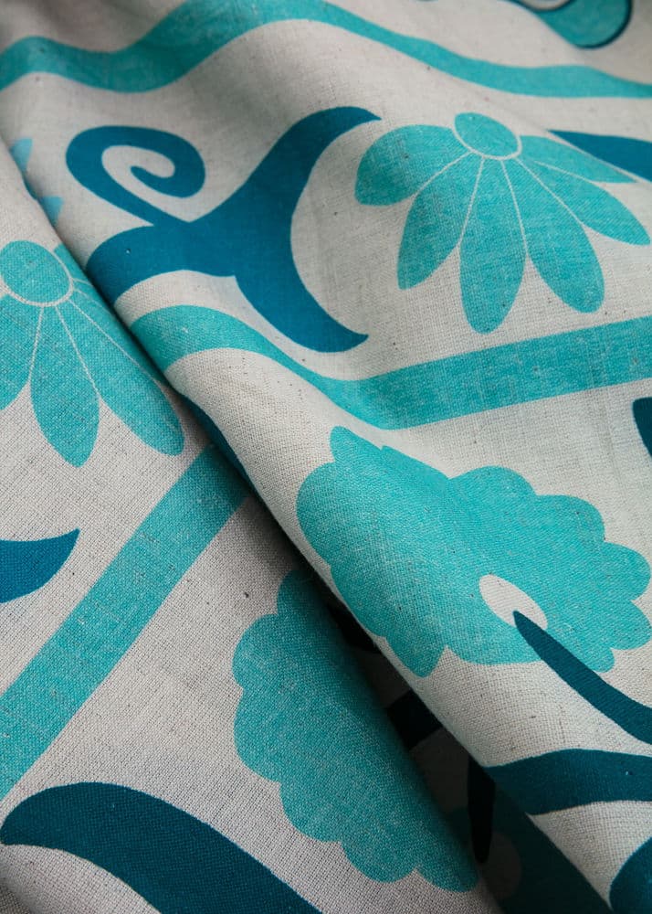 Veda Mönstrad bordsduk i bomull & lin  - Blå 2 - Indiska