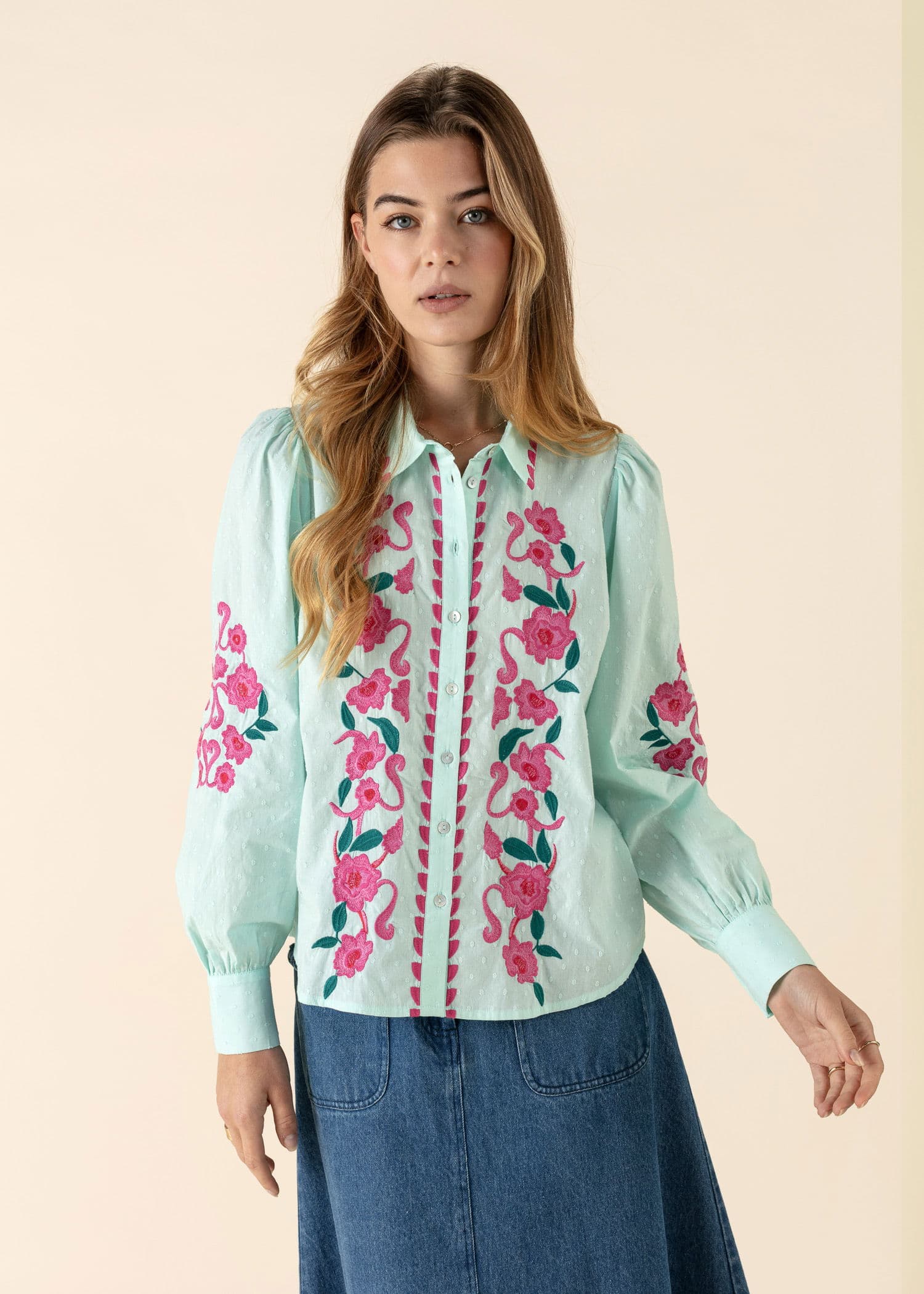 NATASHA Kirjailtu kukkapusero - Vihreä 2 - Indiska