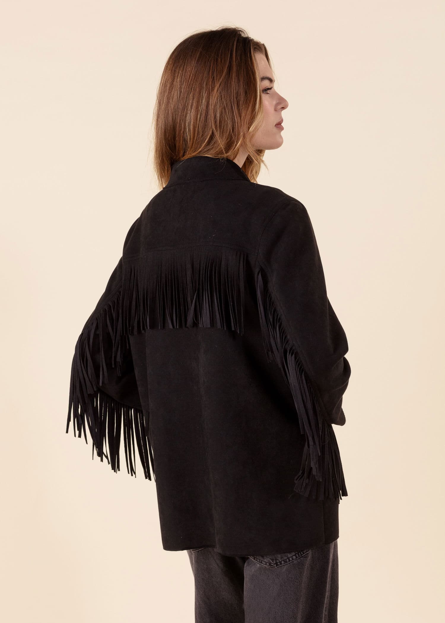 FRANCIS Jakke i imitert semsket skinn med frynser - Svart 2 - Indiska