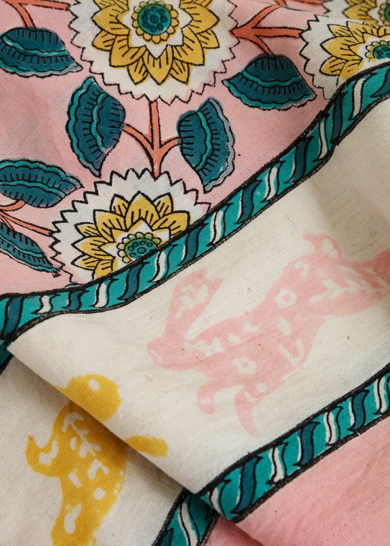 Viny Blocktryckt duk i bomull och lin - Gul 2 - Indiska