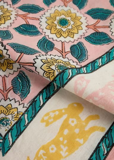 Viny Blocktryckt duk i bomull och lin - Gul 3 - Indiska