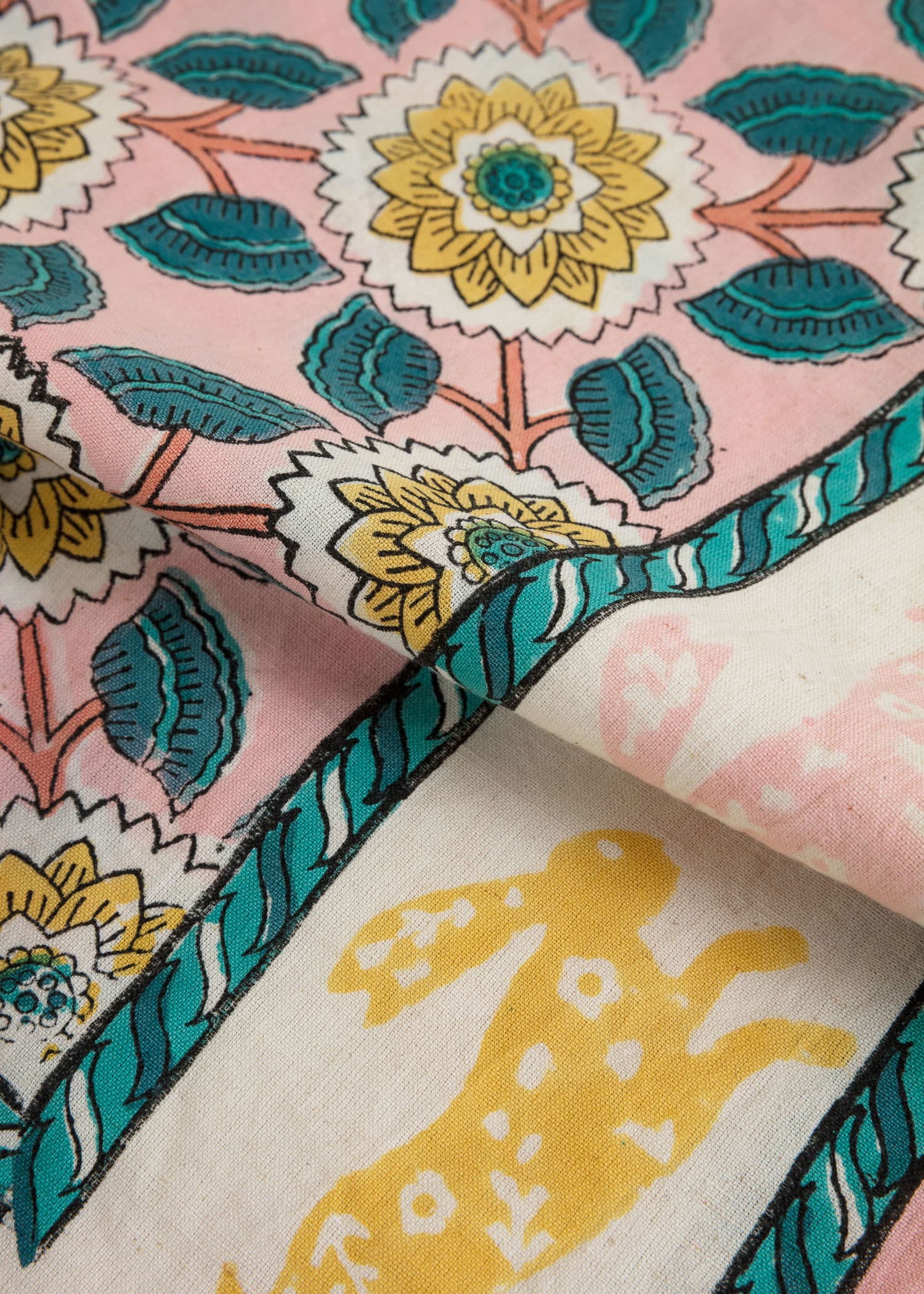 Viny Blocktryckt duk i bomull och lin - Gul 3 - Indiska