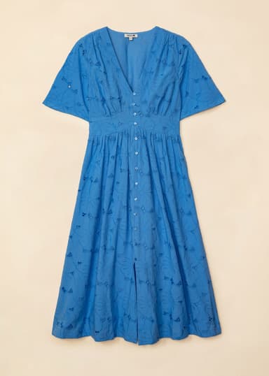 ANGELA Blomstret kjole i broderie anglaise - Blå 5 - Indiska