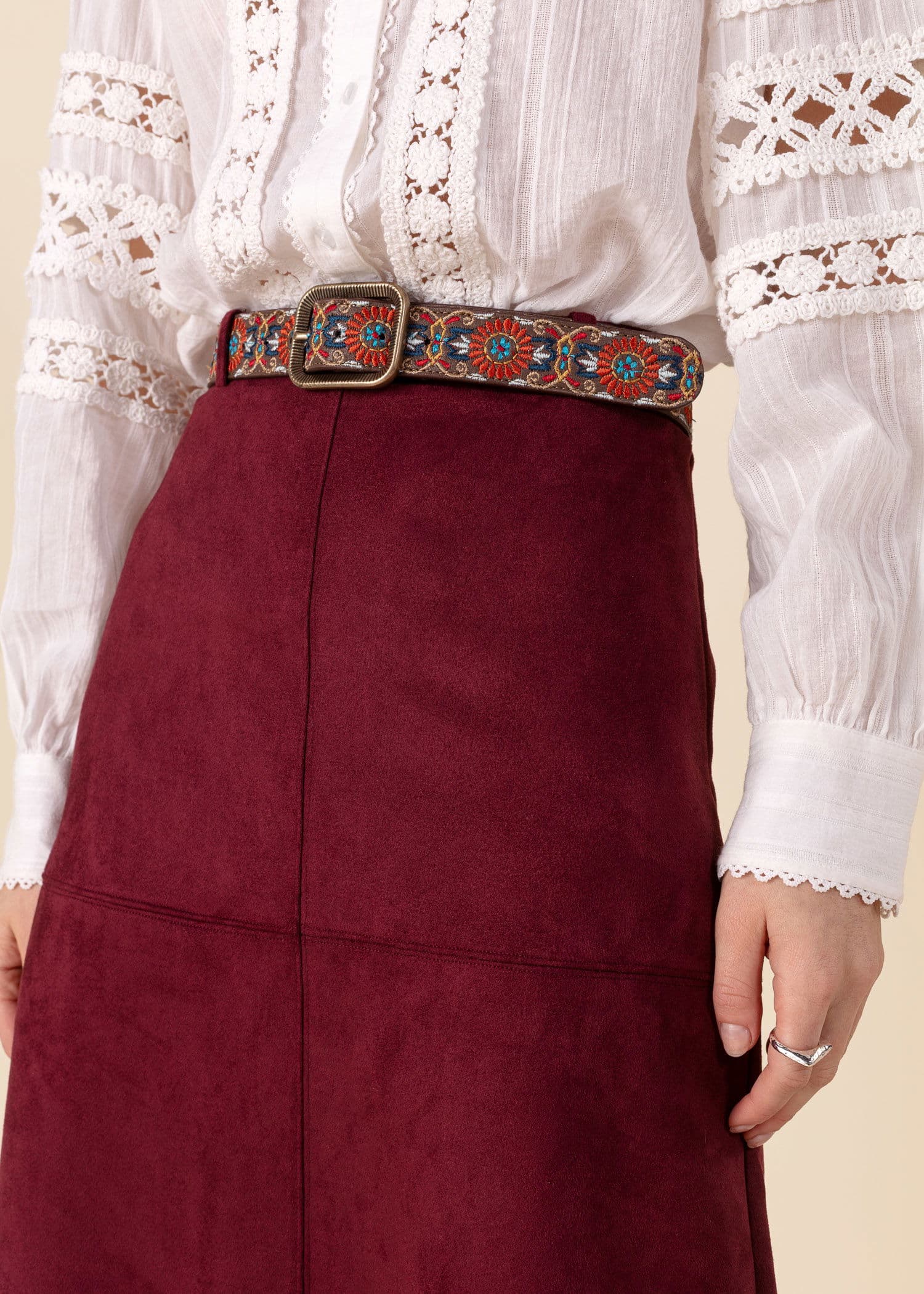 BELLA Broderad läderskärp - Brun 2 - Indiska