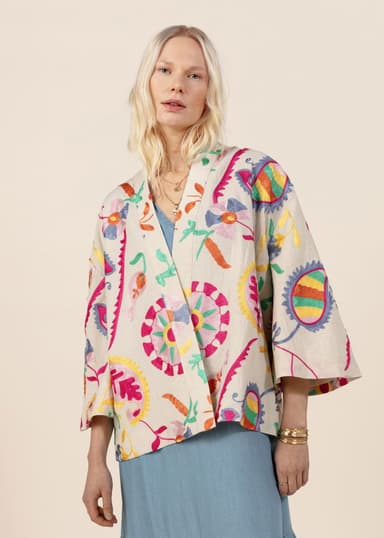 VIVI Mønstret, brodert kimono - Blå 1 - Indiska