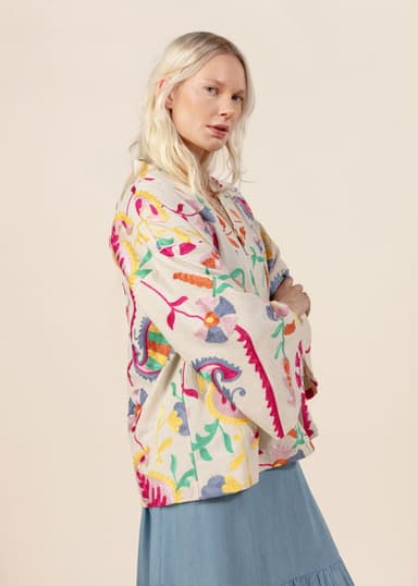 VIVI Mønstret, brodert kimono - Blå 2 - Indiska