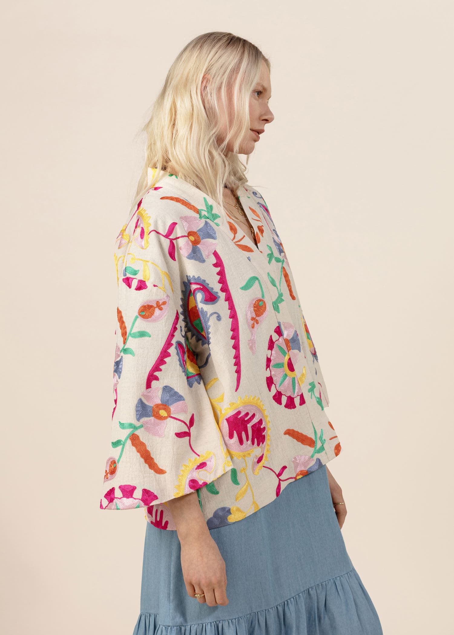 VIVI Mønstret, brodert kimono - Blå 5 - Indiska