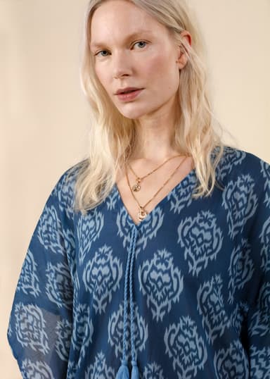 Printed Mønstret kaftan med dusker - Blå 2 - Indiska