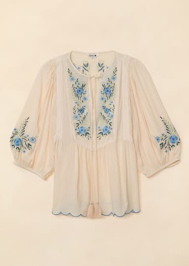 JULIETTE Brodert bluse - Blå 5 - Indiska