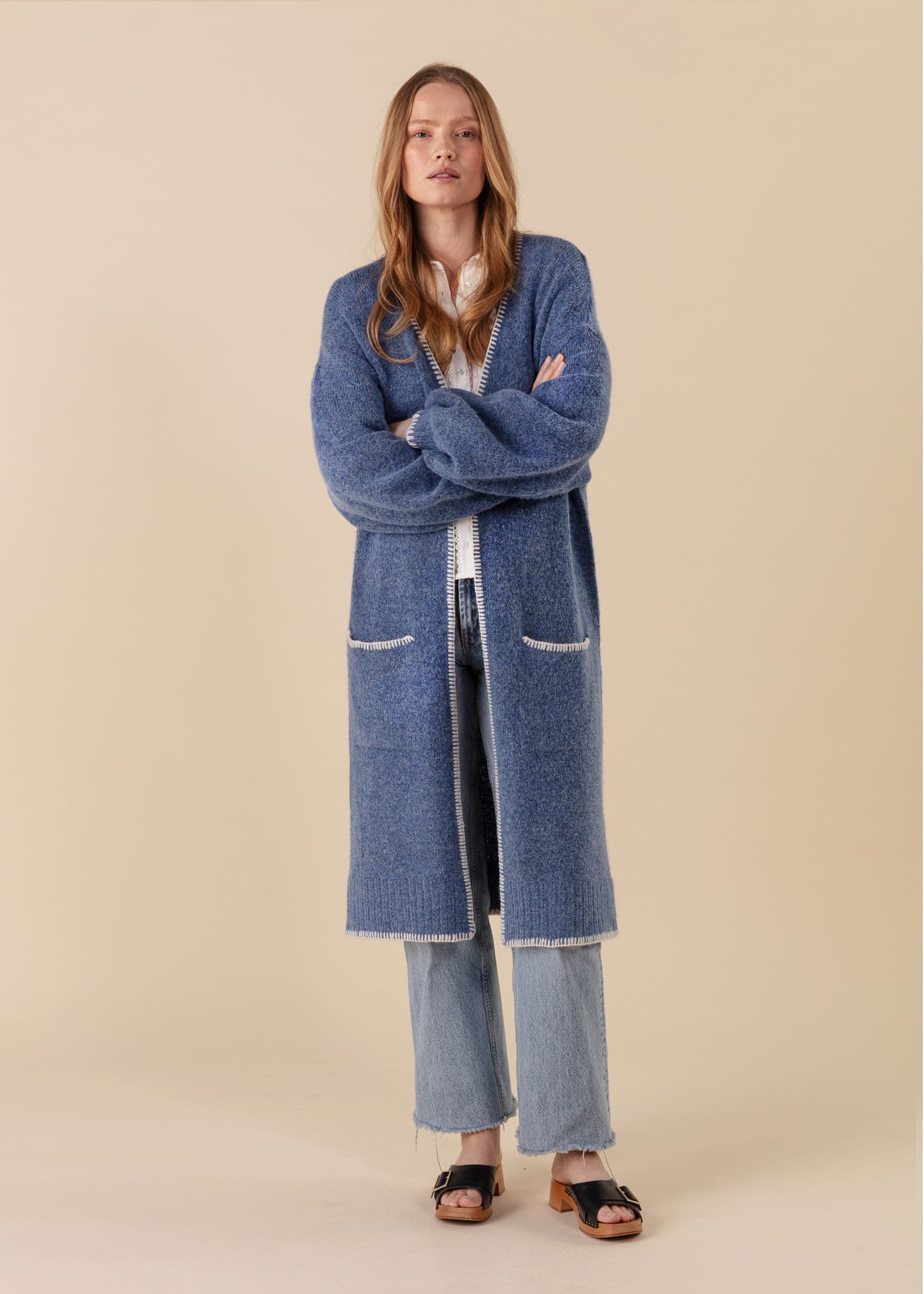 VANESSA Lang cardigan med dekorative sømmer - Blå 3 - Indiska