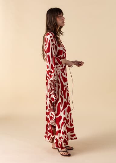 RUBY Mönstrad kaftan med volang - Röd 2 - Indiska