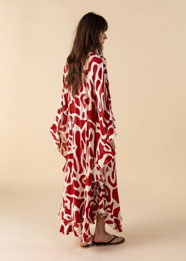 RUBY Mönstrad kaftan med volang - Röd 4 - Indiska