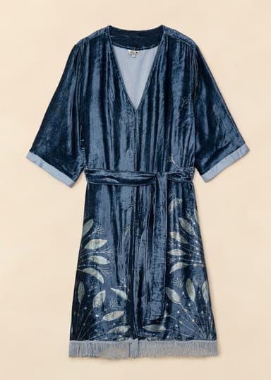 Velvet Lang mønstret kimono i velour - Blå 1 - Indiska