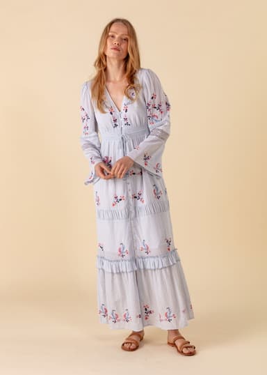 MELODIE Brodert kjole med blondedetaljer - Blå 1 - Indiska