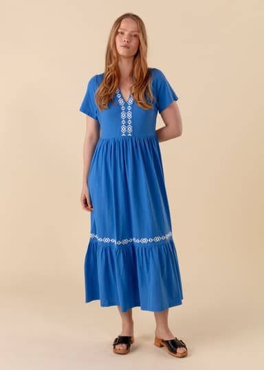 SILVIA Jerseykjole med broderi - Blå 1 - Indiska