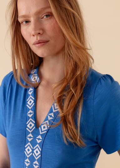 SILVIA Jerseykjole med broderi - Blå 2 - Indiska