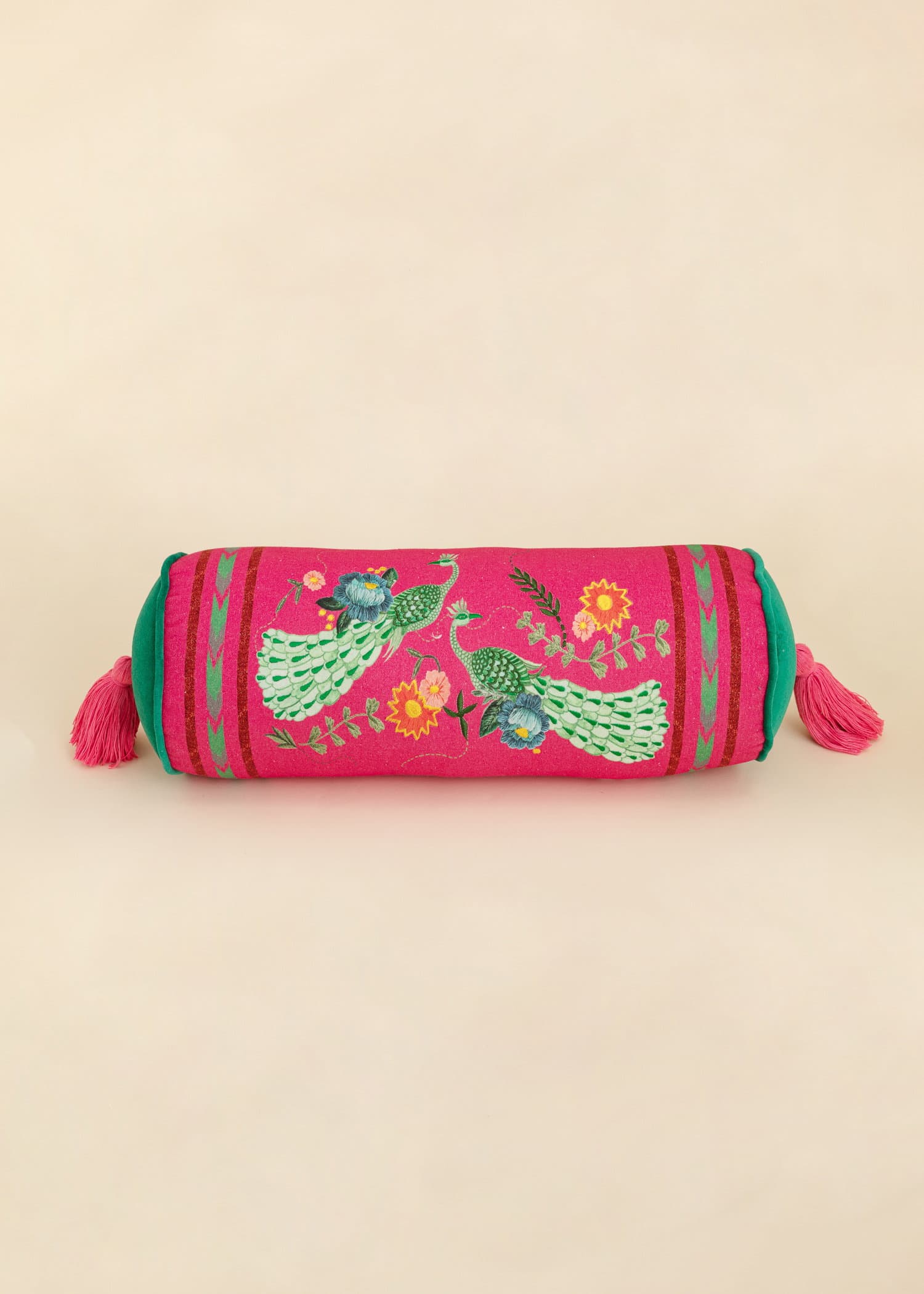 Peacock Broderad bolster med påfågelmönster  - Rosa 2 - Indiska