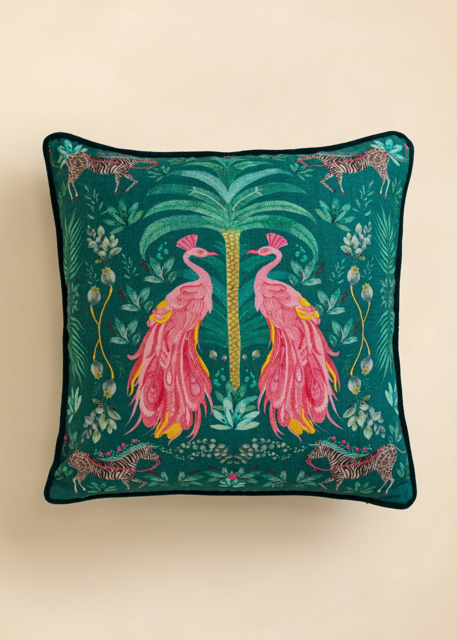 Peacock Broderat kuddfodral - Påfågel - Grön 2 - Indiska