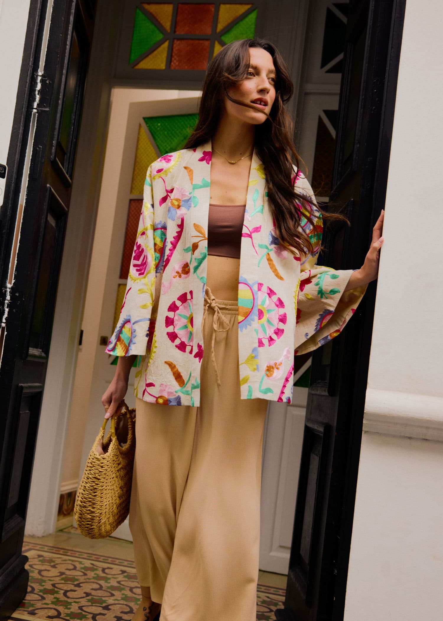 VIVI Mønstret, brodert kimono - Blå 1 - Indiska