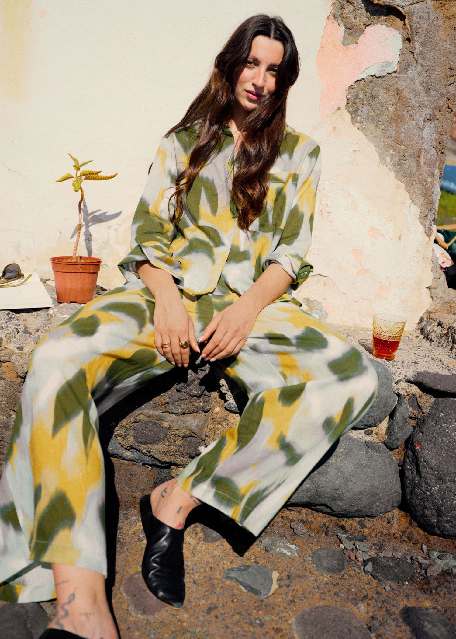 SUDO Mönstrade vida byxor i linmix - Gul 1 - Indiska