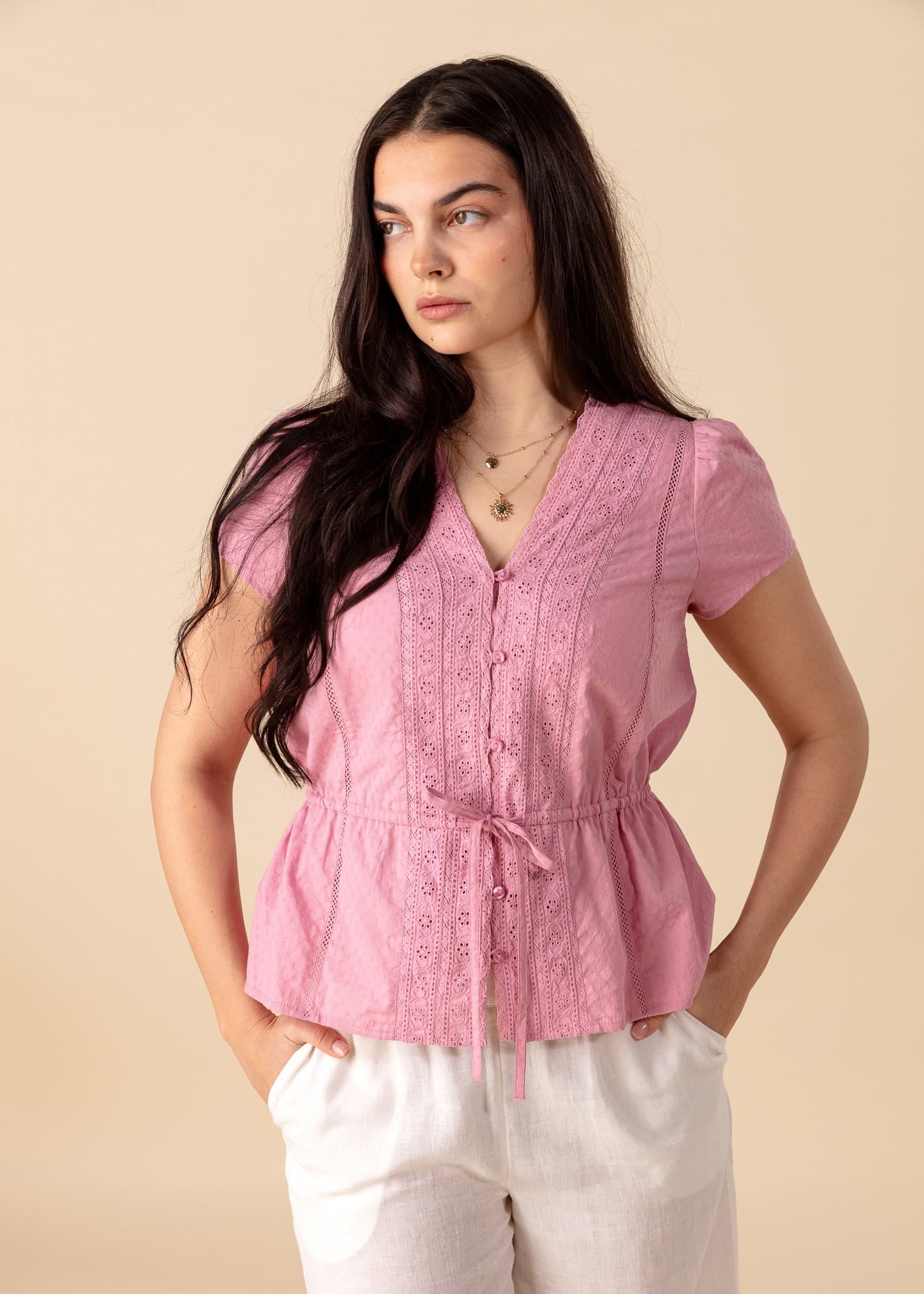WINNIE Dobbybluse med blonder - Rosa 1 - Indiska