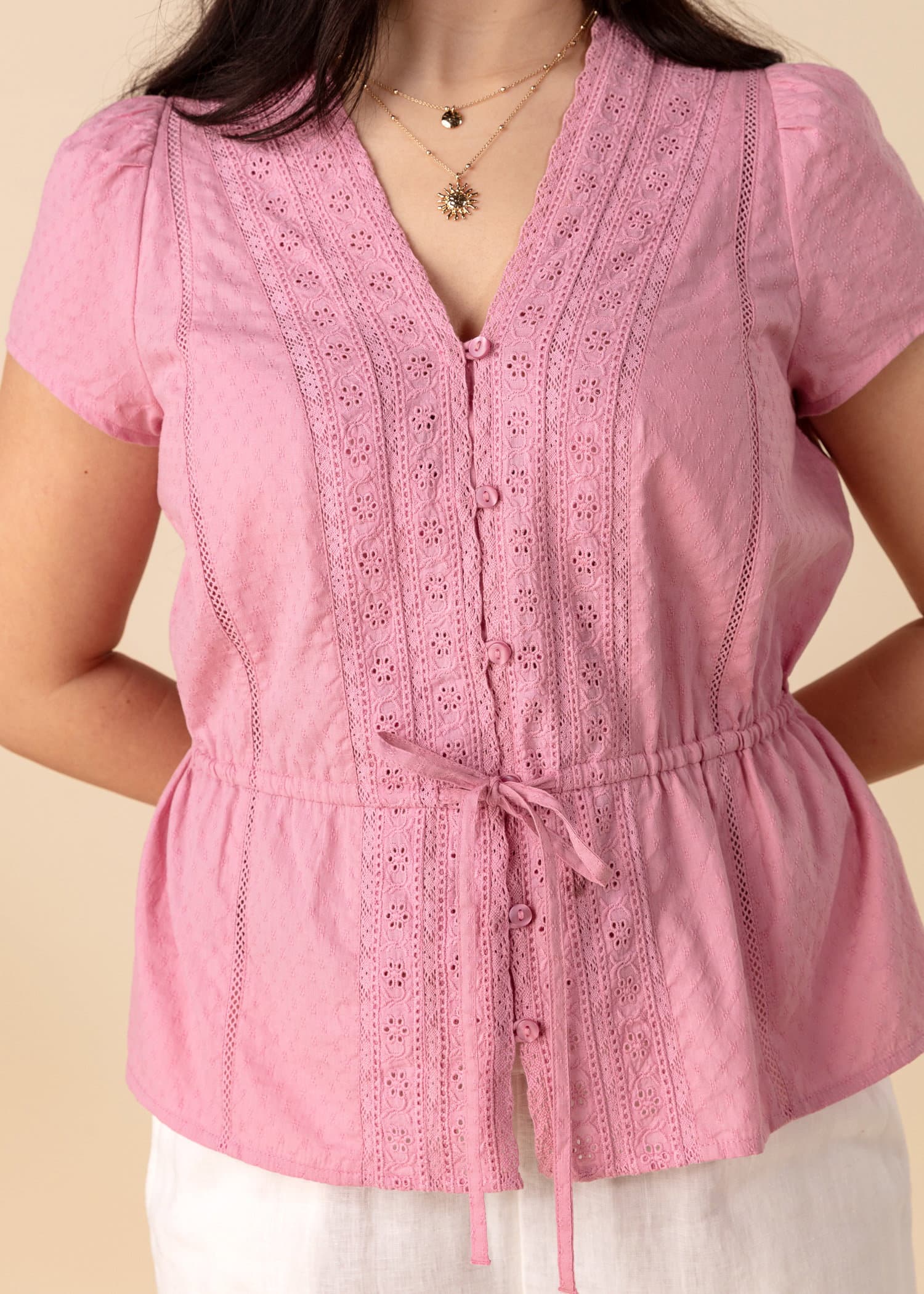 WINNIE Dobbybluse med blonder - Rosa 2 - Indiska