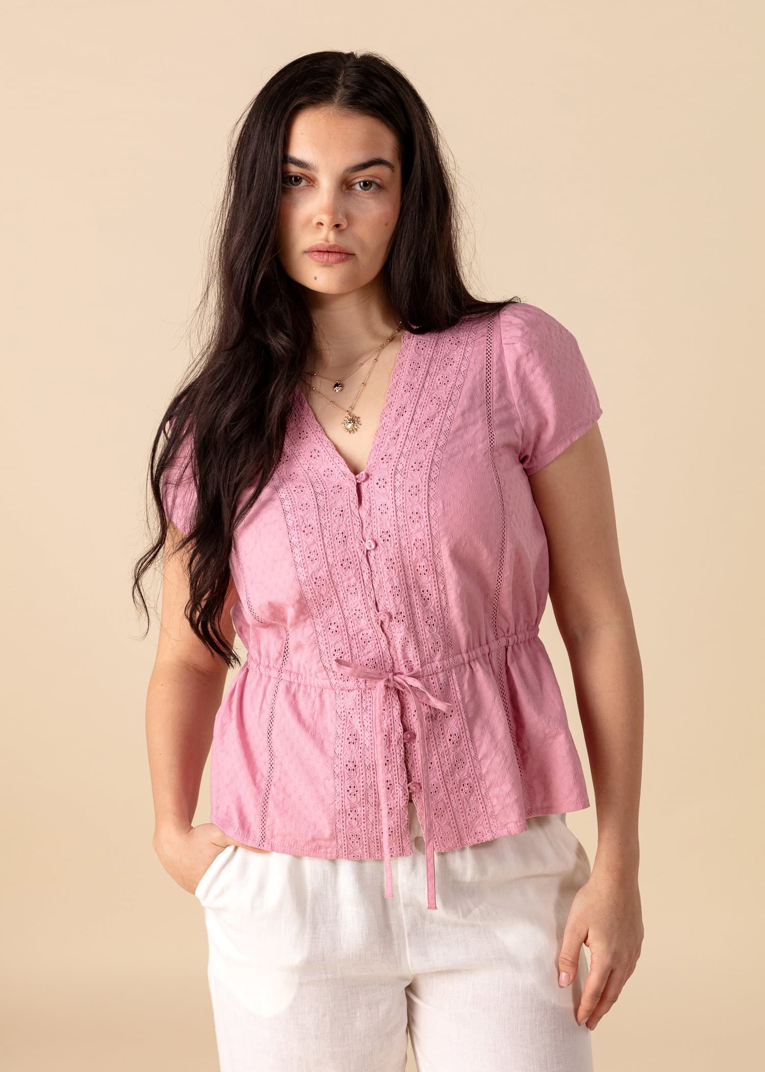 WINNIE Dobbybluse med blonder - Rosa 3 - Indiska