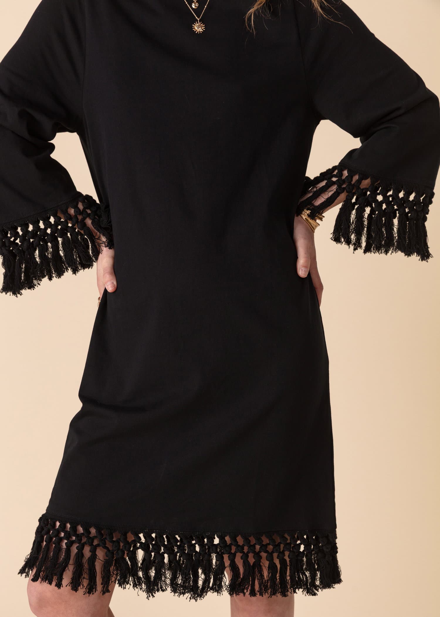 FARAH Svart tunika med fransar - Svart 2 - Indiska