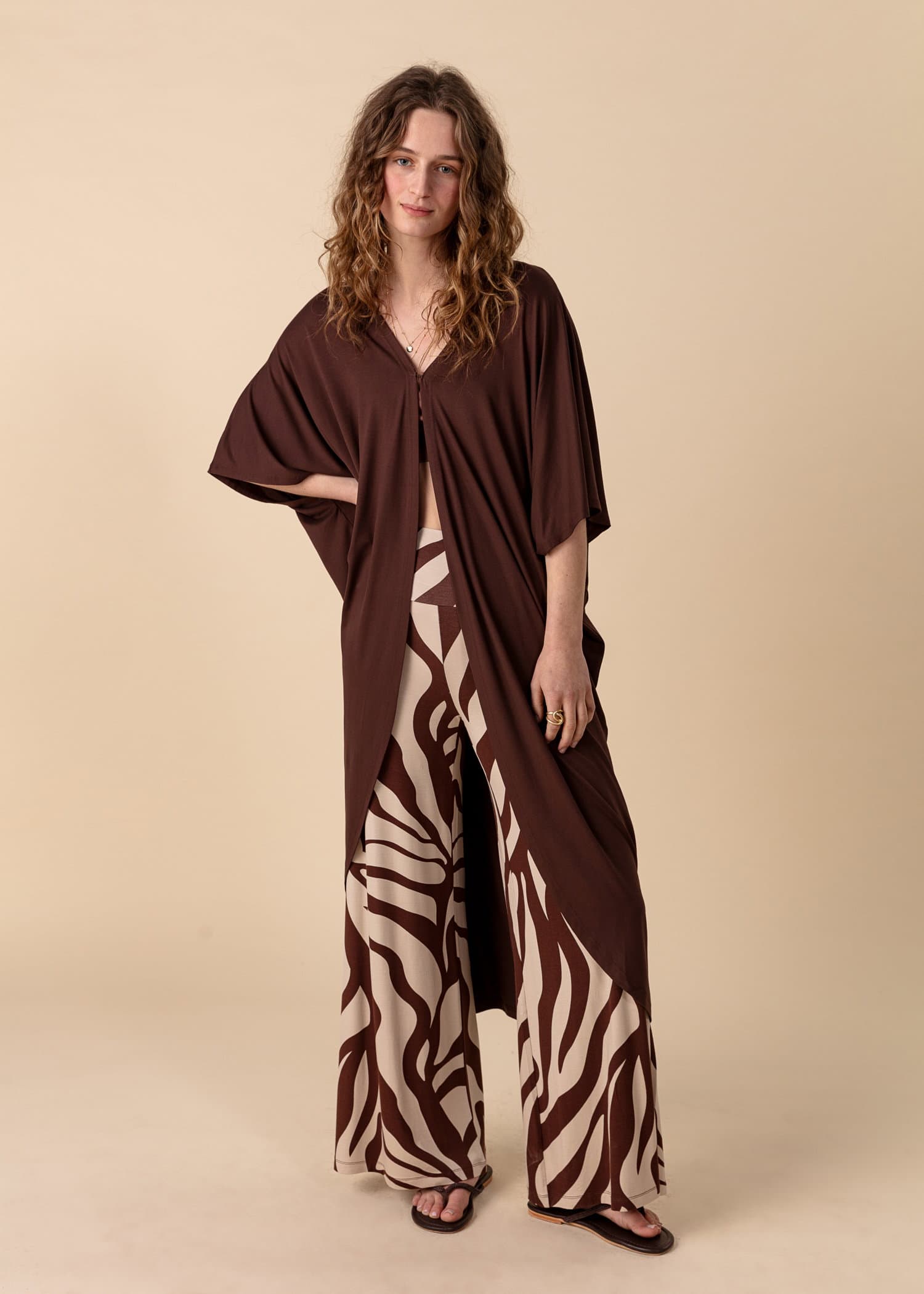 LILLEMOR Yksivärinen jerseykimono - Ruskea 4 - Indiska