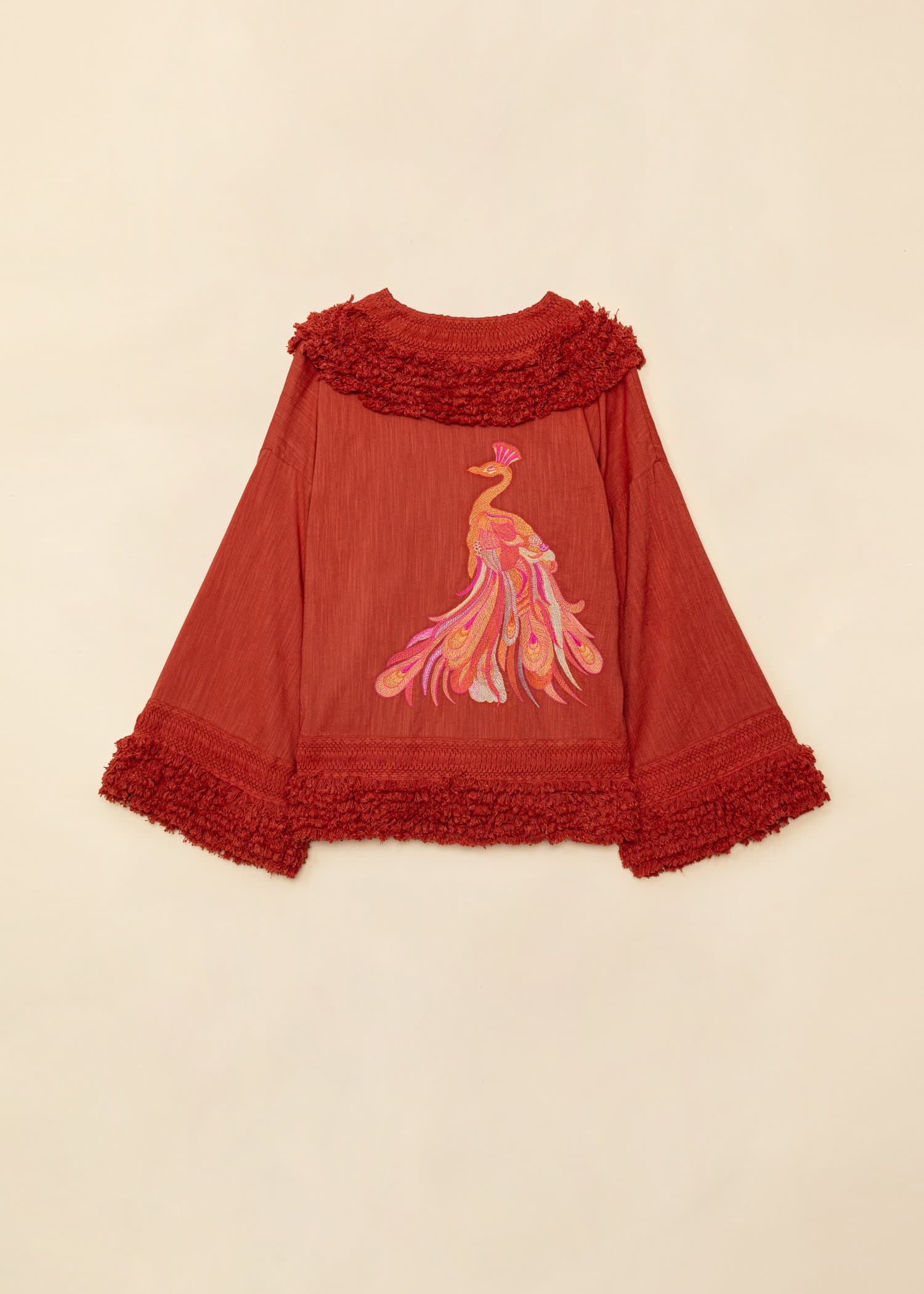 GINNY Broderad kimono med fransar - Brun 11 - Indiska
