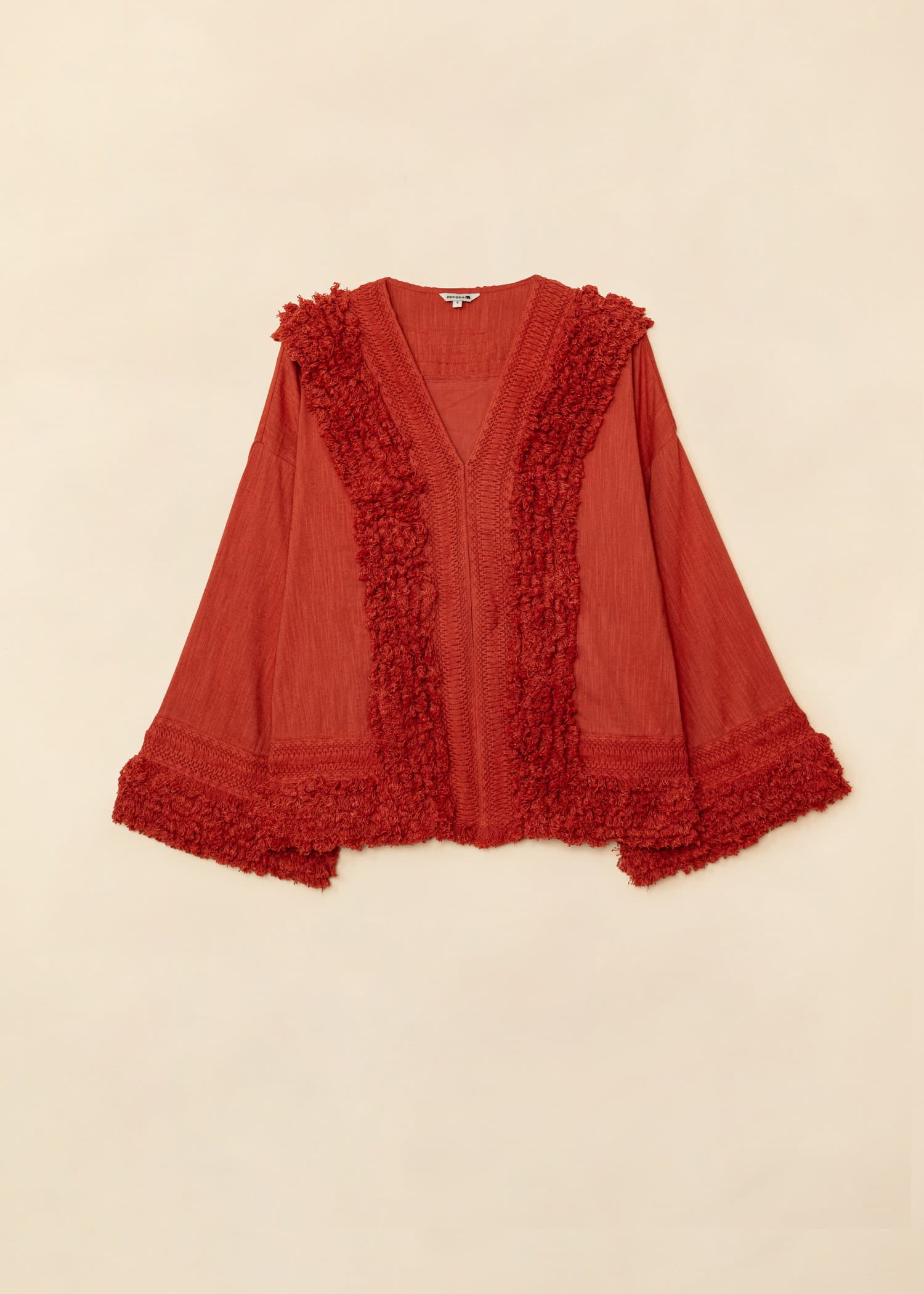 GINNY Broderad kimono med fransar - Brun 12 - Indiska
