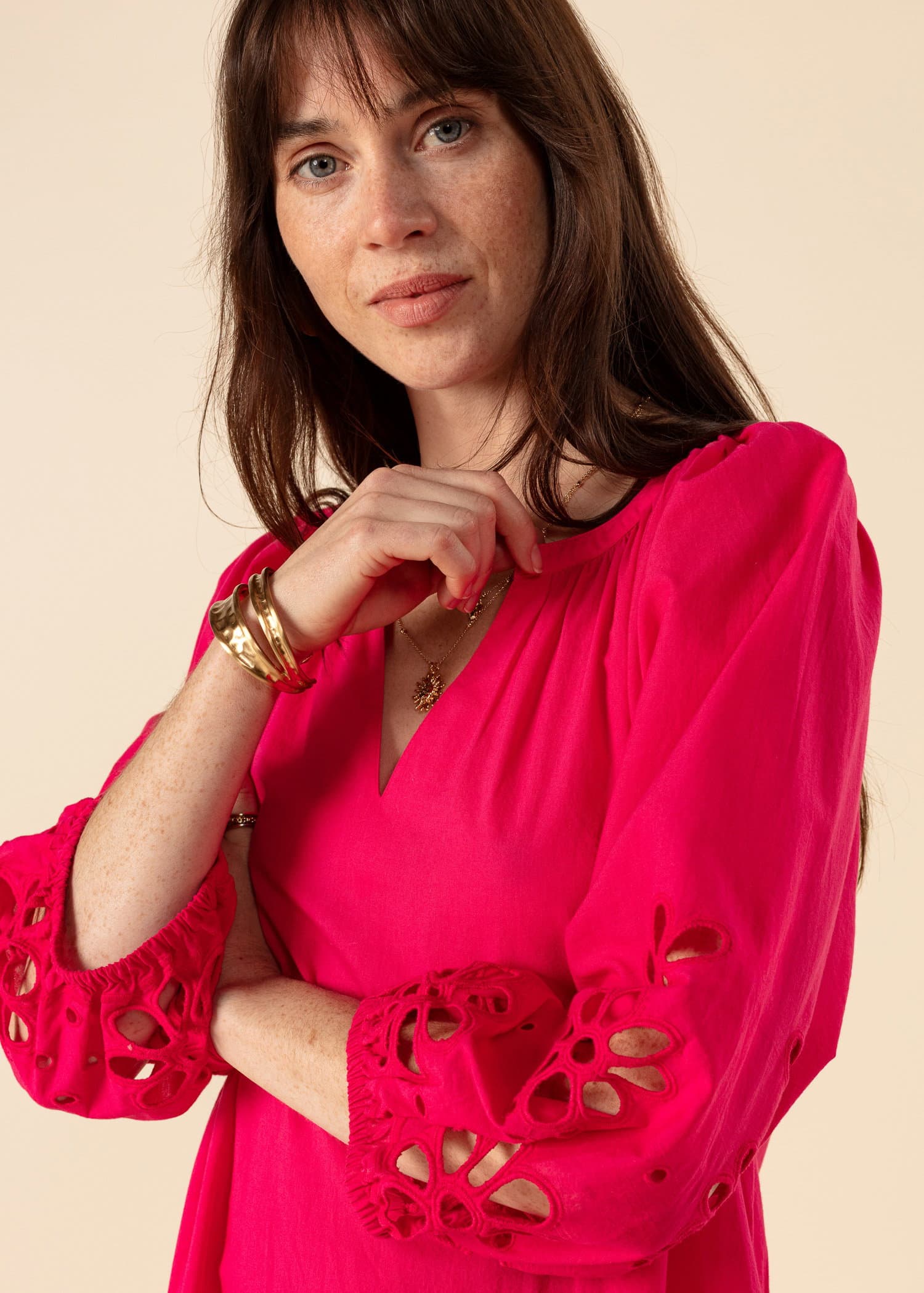 NALA Kjole i broderie anglaise - Rød 2 - Indiska