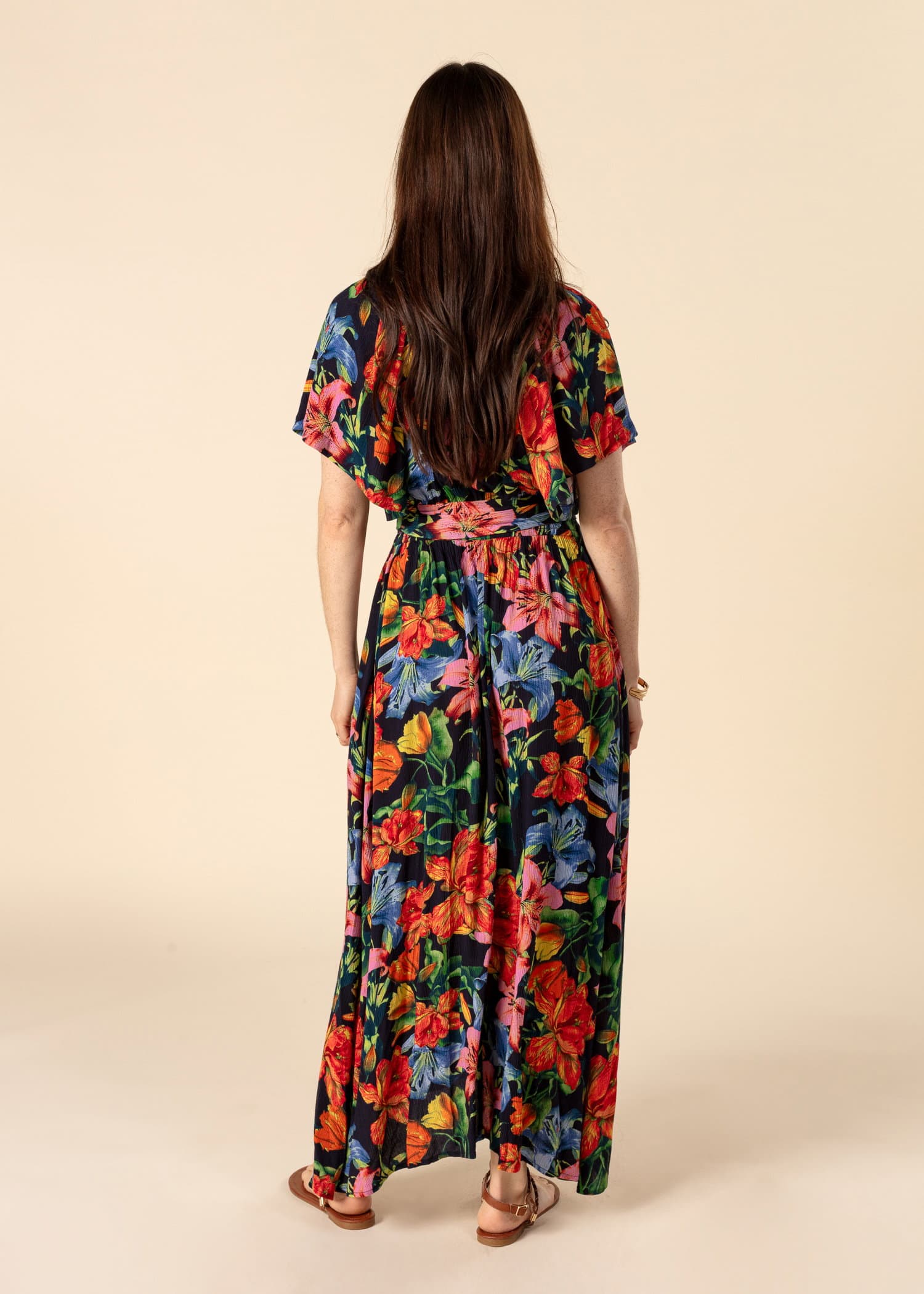 SHARON Blommig lång klänning med knyt - Multi 4 - Indiska