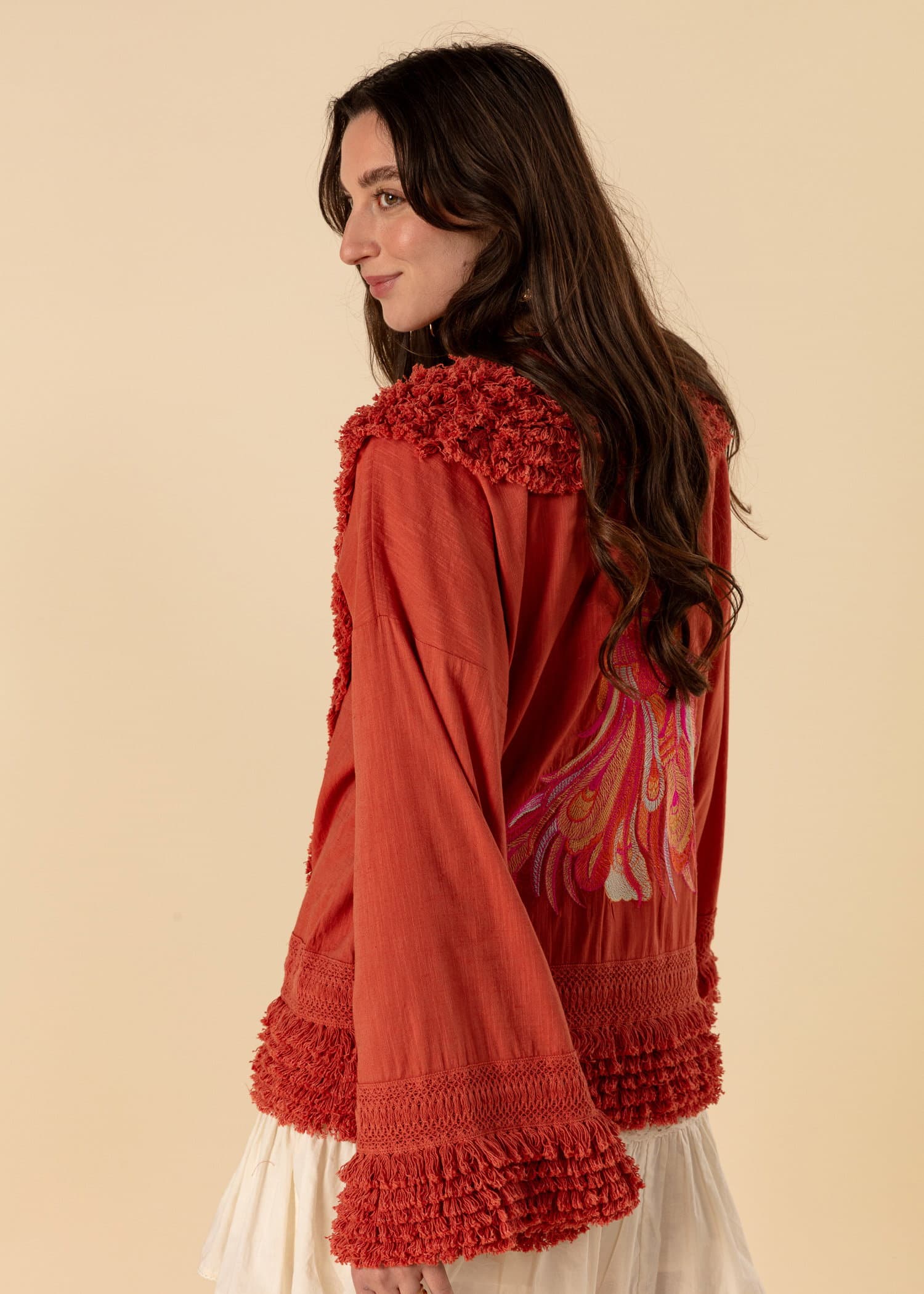 GINNY Broderad kimono med fransar - Brun 6 - Indiska