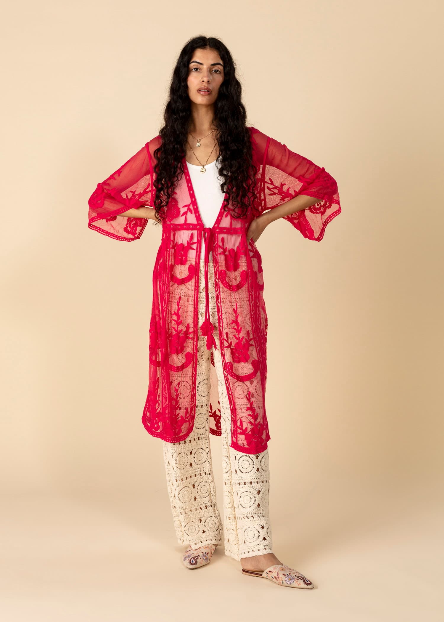 SARAH Brodert kimono - Rød 5 - Indiska