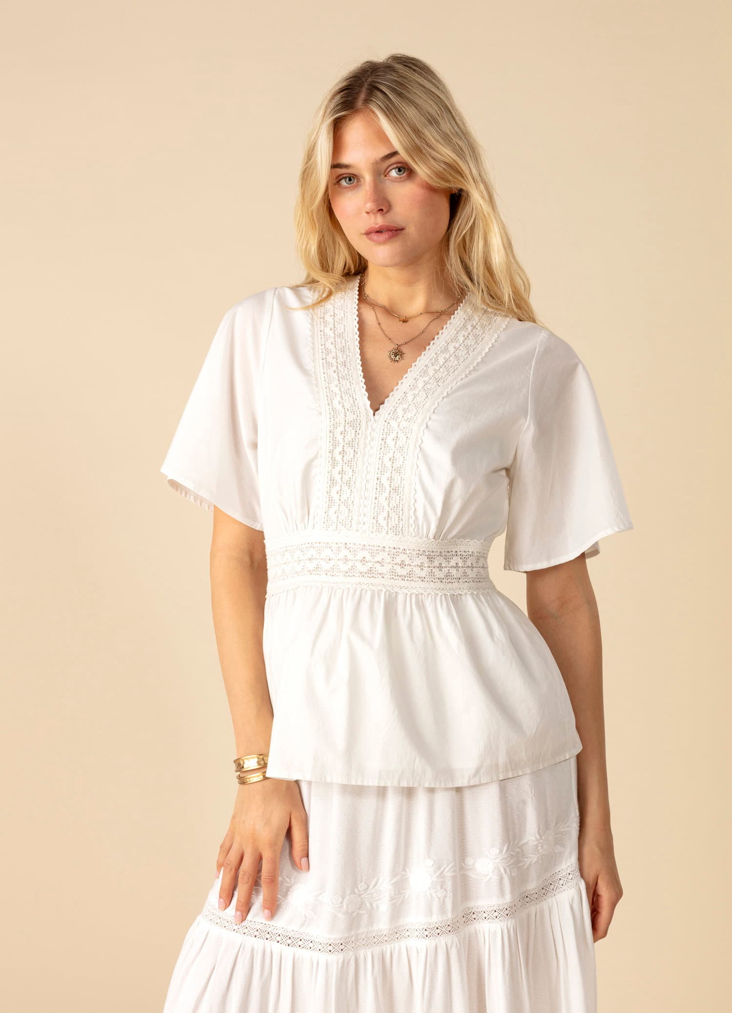 DANIELLA Bluse i bomullsblonder - Hvit 1 - Indiska