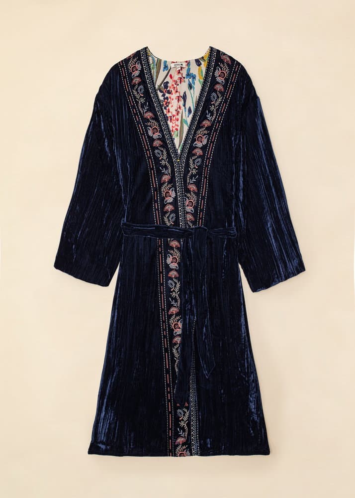 DEVI Samettinen kuviollinen kimono - Sininen 1 - Indiska