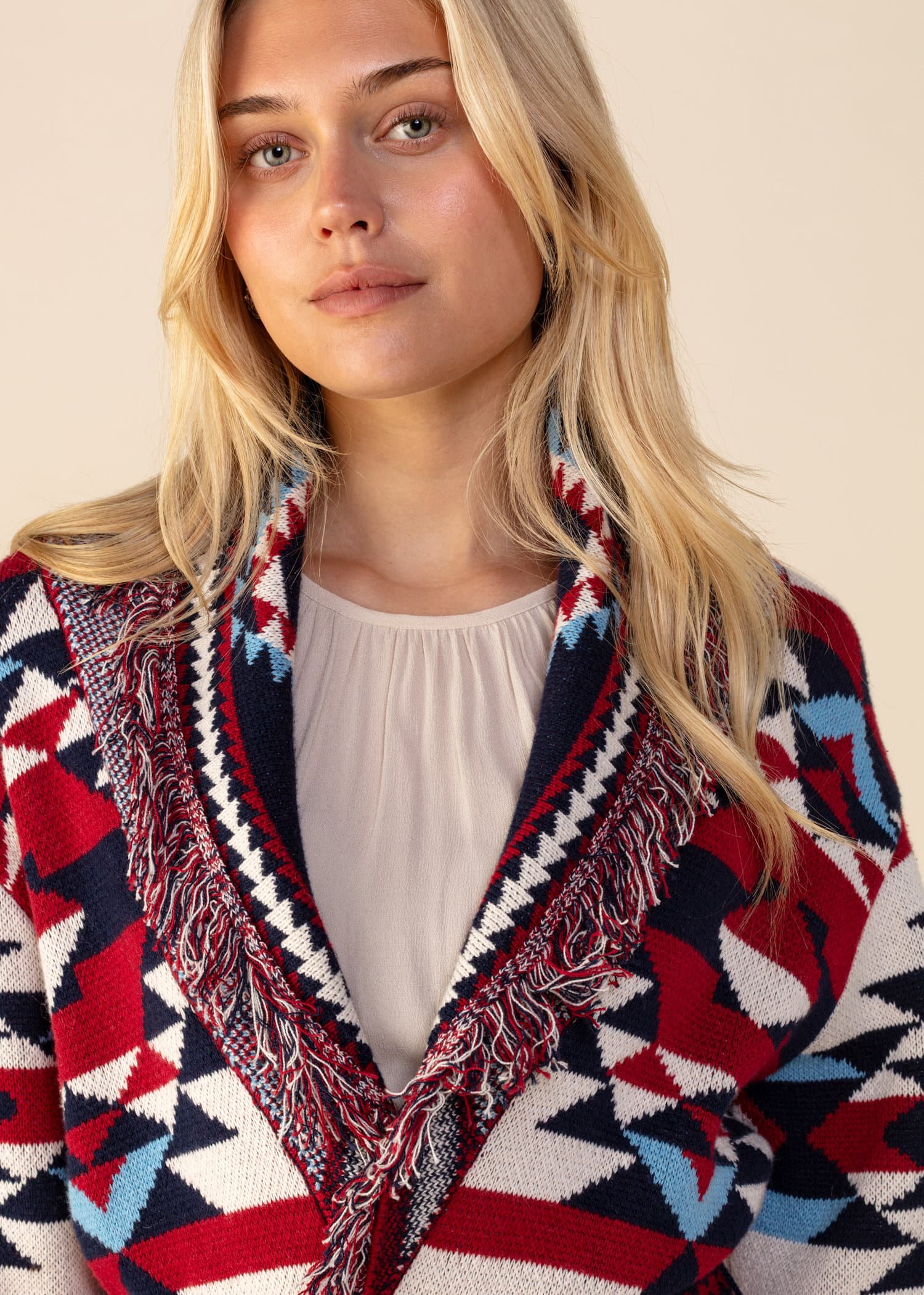 IKAT Lang jacquardstrikket cardigan - Blå 2 - Indiska